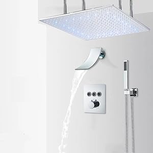 Shower Sets for Bathroom Chrome LED Thermostatic Top Rain Shower Faucet Waterfall Shower System Button Control Thermostatic Mixer Tap Bath Shower Tap 3-Way 20inch A