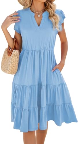 Womens Summer Dress Ruffle Sleeve V Neck Midi Dresses Casual Fit Flowy Tiered Boho Beach Vacation Sundress with Pockets Light Blue Medium
