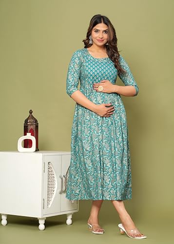 Image of Women's Feeding Kurta Cotton | Floral Anarkali Pregnancy Kurta with Nursing Zipper | Pre & Post Partum | Maternity Dresses | Mom to Be Gift