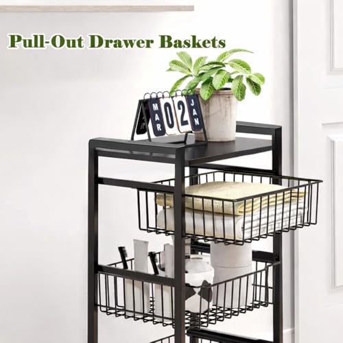 Image of WINSTAR Metal Rolling Trolley with Lockable Wheels | Heavy Duty Multifunctional Storage Cart with Pull-Out Wire Baskets | Fruit Vegetable Organizer Rack with Tabletop (Black, 3-Tier wd Tabletop)