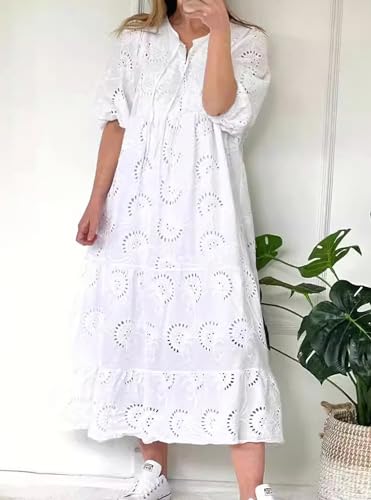 Image of chouyatou Women's Summer Loose Floral Lace Eyelet Dress Boho Casual Notch Neck Maxi Tunic Beach Dress