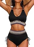 Herseas Womens Tummy Control Swimsuits 2 Piece High Waisted Bikini Sets V Neck Modest Swim Suit 2025 Summer Bathing Suits Black Large 12 14