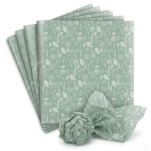 NookLife Sage Green Tissue Paper Bulk 100 Sheets 14 x 20 Inch Botanical Floral Tissue Paper for Gift Bags Gift Wrapping Wedding Birthday Baby Shower and Crafts