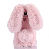 Case for Ipad Mini 123, [Plush Rabbit Case] Rabbit Bunny Furry Fur Bling Rhinestone Warm Design Soft Rabbit Fur Hair Plush Case for Apple iPad Mini 1/Mini 2/Mini 3(Pink)