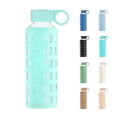 purifyou 40oz / 32oz / 22oz / 12oz Borosilicate Glass Water Bottle with Time & Volume Markers, Silicone Sleeve, Stainless Steel Lid | Reusable Glass Bottle for Water & Juice (12oz Glow-in-the-Dark)