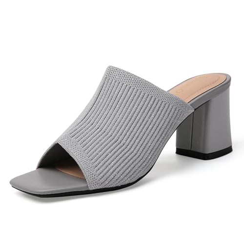 Image of Tilocow Knit Heeled Sandals for Women Square Open Toe Heeled Mules Chunky Block Low Heel Slip On Slides