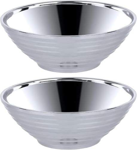 SLLS ステンレス製ラーメンどんぶり 二重構造 2 人用 ゴールドシルバー レンゲスプーン付き 家庭用業務用 耐熱軽量
