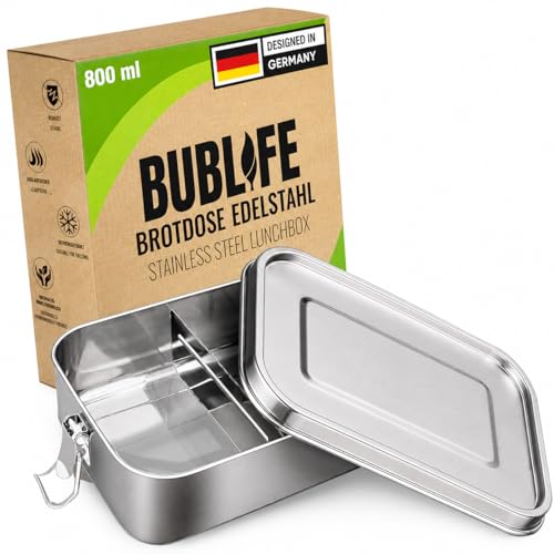 Bublife Brotdose Edelstahl mit Trennfächern 800 ml Lunchbox auslaufsicher & spülmaschinenfest für Kinder & Erwachsene Bento Box für Schule Büro & unterwegs Silber