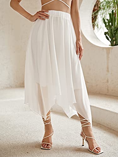 Verdusa Women's Asymmetrical Hem Elastic Waist Chiffon Flowy Long Skirt White L #TOP2