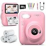 Kids Camera Instant Print -Toddler Portable Travel Print Digital Photo Camera Toy, Holiday Birthday Graduation Gift for Kid 3-12 Year Old, Photomaker Kit for 4 5 6 7 8 9 10 Boys Girls（Pink）