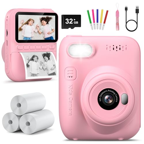 Kids Camera Instant Print -Toddler Portable Travel Print Digital Photo Camera Toy, Holiday Birthday Graduation Gift for Kid 3-12 Year Old, Photomaker Kit for 4 5 6 7 8 9 10 Boys Girls（Pink）