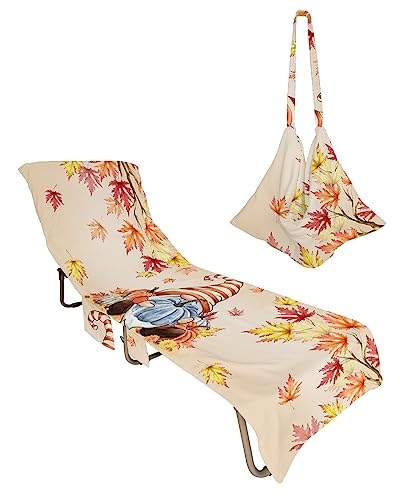 Thanksgiving Autumn, Beach Lounge Chair Towel Cover, Soft Chaise Lounge Towel with Side Pockets Patio Pool Chairs Cover for Beach/Pool Sunbathing 29x85 Fall Gnomes Blue Pumpkin Maple Leaves