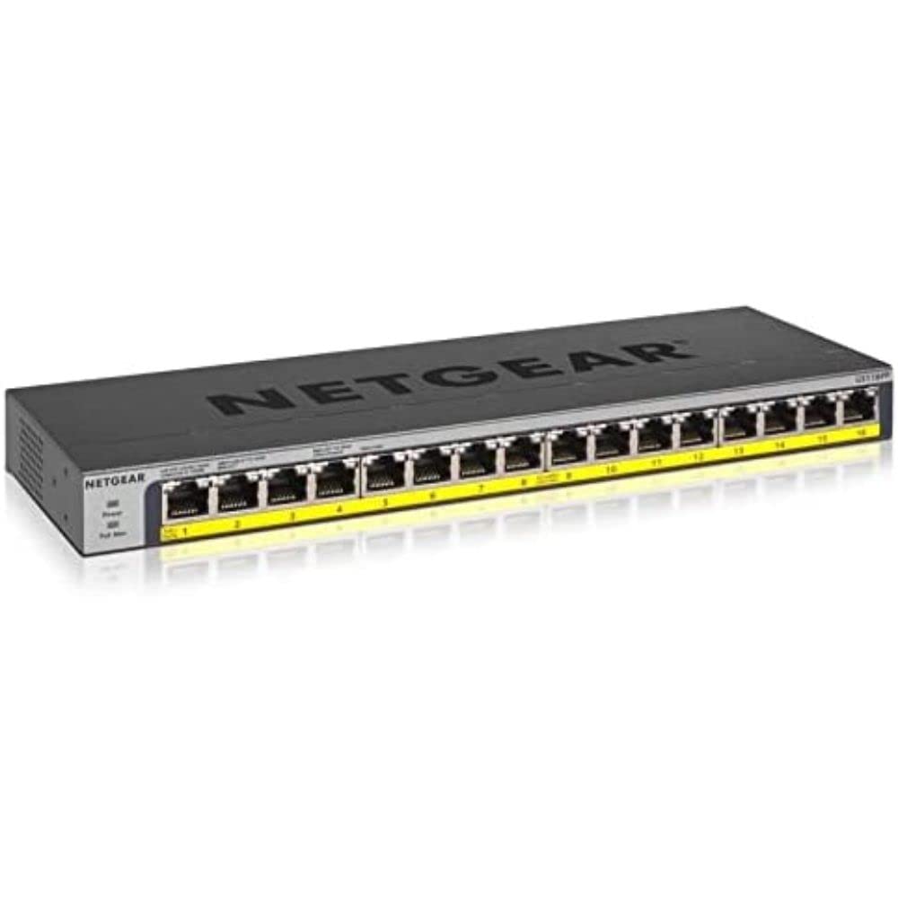NETGEAR Switch Gigabit Ethernet POE de 16 puertos no gestionado (GS116PP) | con 16x PoE+ consumo 183 W, de sobremesa | montaje en pared o en bastidor, y protección limitada