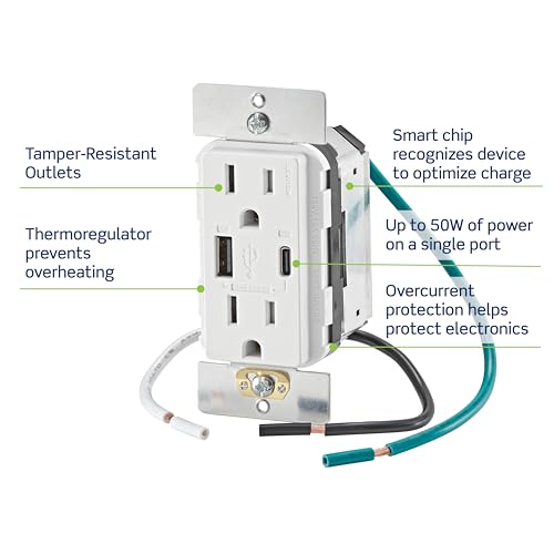 Image of Leviton T5634-T 60W (20V@2.5A+ 5V@2A) USB Dual Type A /Type-C Power Delivery in-Wall Charger with 15A Tamper-Resistant Outlet, USB Charger for Smartphones, Tablets, Laptops, Light Almond