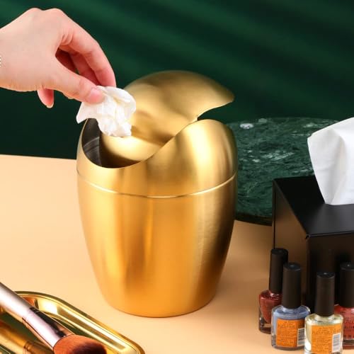 Image of Buyer Star Mini Desktop Trash Can with Swing Lid, 18 /10 Stainless Steel Desktop Garbage Can Counter Top Egg Shaped Metal Waste Bin (Gold, 0.4 Gallon)