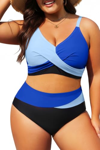 Image of Tempt Me Plus Size High Waisted Two Piece Swimsuit Color Block Bikini Set