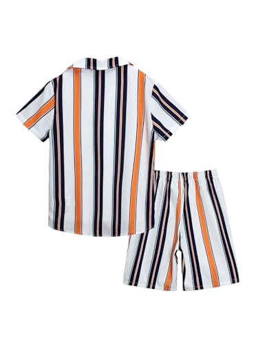 Image of Verdusa Boy's 2 Piece Outfits Striped Print Short Sleeve Collared Button Down Shirt and Shorts Set Orange White 10Y