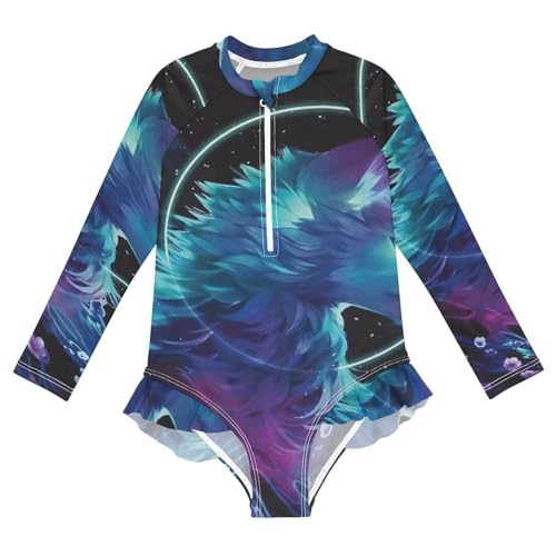 Girls One Piece Swimsuits Long Sleeve Swimsuit Zipper Bathing Suits Wolf Galaxy Wolves Head