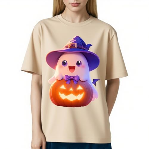 IRUD Halloween Shirts for Women - Pumpkin Ghost Wizard Hat Pattern Round Neck Short Sleeve - image 3