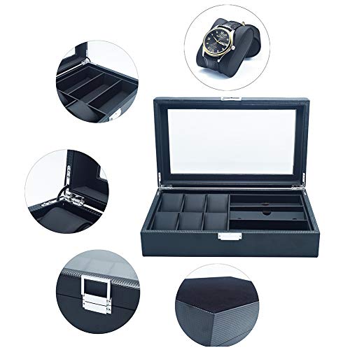 MQ Watch Box Eyeglass Sunglass Organizer with Glass Top for Men / Women, Carbon Fiber Watch Holder Jewelry Case Box, 6 Slot for Watch Display & 3 Compartment for Eyeglass Collection (Black)