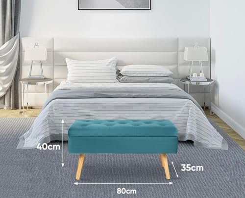 Image of Upholstered Storage Bench Ottoman for Bedroom & Living Room | Tufted End of Bed Bench with Hidden Storage | Compact Entryway Seating Bench with Wooden Legs | Multipurpose Sofa Bench Stool, Teal Blue