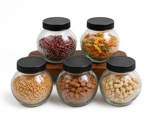Image of Designer Transparent Glass Storage Jar with Black Plastic Airtight Lid, 900 ML Food Grade Kitchen & Pantry Storage Container, Size 8 X 14 X 14 cm, Ideal for Pulses, Dry Fruits, Pack Of 5