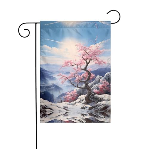 WZYWHJ Drapeau de jardin imprimé fleurs de prunier sur les montagnes enneigées 30,5 x 45,7 cm pour un environnement extérieur tendance