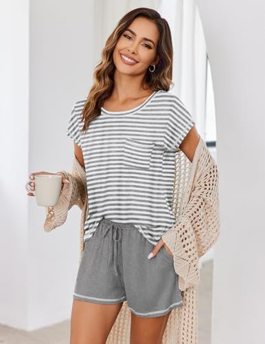 Image of Ekouaer Womens Pajama Sets 2 Piece Soft Short Sleeve Top and Shorts Sleepwear Round Neck Pjs Lounge Set with Pockets