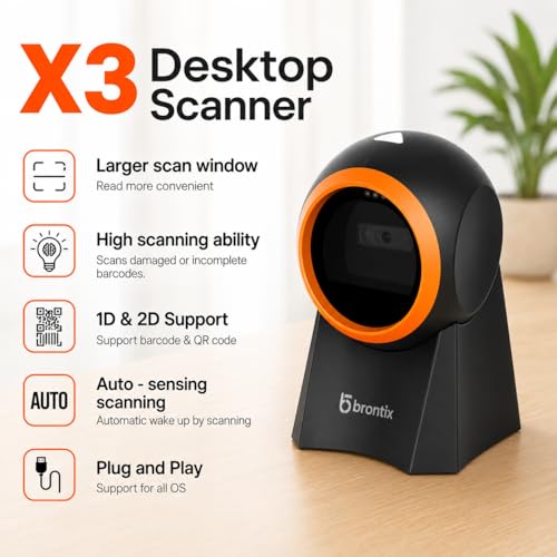 Image of BRONTIX Desktop Barcode Scanner, 2D QR Code | Billing POS System, Hands Free Auto Sensing USB Barcode Reader, Fast Omni Directional Scanning, Retail Store, Warehouse