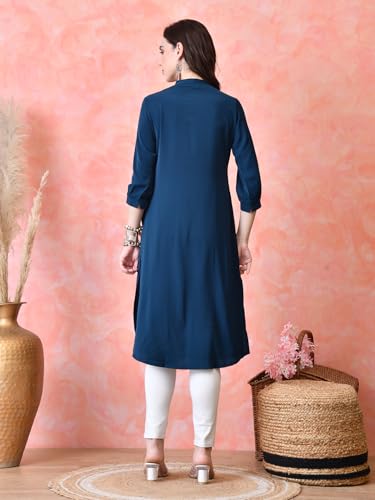 Image of nioni Women's Straight Solid Kurti with V-Fold Neck | Rayon Lycra Material | Fashionable Micro Pleates | 3 /4th Sleeve Kurta for Woman & Girls (S to 2XL)