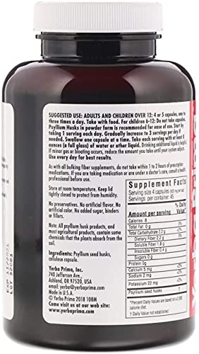 Yerba Prima Psyllium Husks Veg Caps - 180 Count (2 Pack) (625Mg) - Vegan, Non-Gmo, Gluten Free, Colon Cleanser, Daily Fiber Supplement For Gut Health & Regularity #TOP5