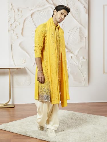 Image of VASTRAMAY Men Men's Yellow Georgette Kurta Patiala And Dupatta Set