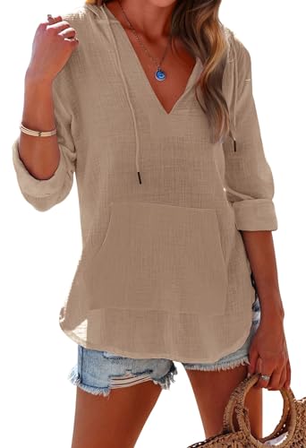 Camisa de playa para mujer en caqui, blusa larga con cuello en V de caída elegante