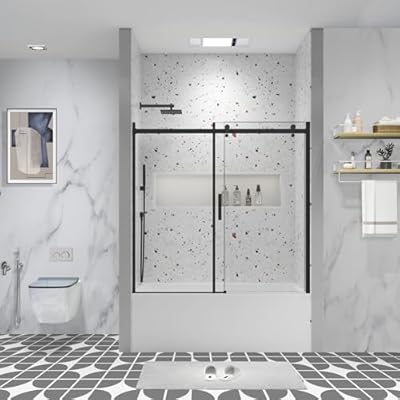 CVRGV 56-60" W×58" H Frameless Single Sliding Tub Door, Bypass Bathtub Shower Door with 5/16" (8mm) Clear SGCC Tempered Glass, Reversible Installation, Matte Black Finish
