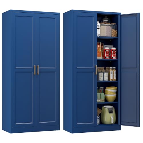 Image of Polup Kitchen Pantry Cabinet, 71 Inch Tall Metal Pantry Cabinet with Doors and Adjustable Shelves, Freestanding Food Cupboard, Storage Cabinets for Dining, Living Room, Navy Blue, Assemble Required