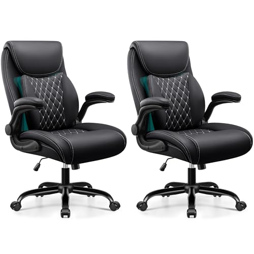 Image of Office Desk Chair, Ergonomic Lumbar Support for Lower Back Pain | Executive Leather Home Chairs Comfy with Padded Flip-up Armrests, Black,2-Pack