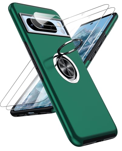 LeYi for Google Pixel 8 Pro Case: and 2 Tempered Glass Screen Protector &2 Camera Lens Protector, with 360 Ring Holder Stand Phone Cover for Pixel8 Pro Green