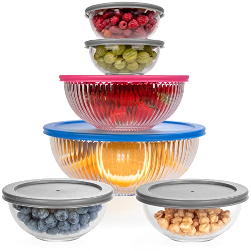 dokaworld Glass Mixing Bowls - Nesting Bowls - Space-Saving Glass Bowls with Lids Food Storage - Set of 5 Stackable Microwave Glass Containers (Set of 6 Mixing Bowls)