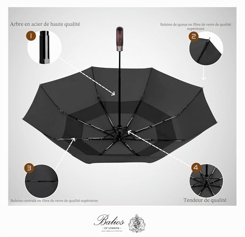 Balios Prestige Parapluie de voyage avec poignée en bois véritable, ouverture et fermeture automatique, effet coupe-vent, conçu au Royaume-Uni, Homme, Noir – vue 5