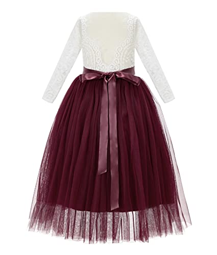 A-Line V-Back Lace Junior Formal Dresses for Flower Girls with Sleeves 290R2
