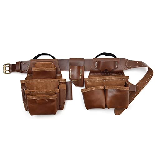 Style n Craft - 4 Piece and 19 Pockets Pro Framer’s Combo, Tool Belt with 2 Tool Pouches and 1 Pliers and Hammer Holder, Full-Grain Leather Carpenter Tool Belt Combo, Dark Tan (98444)