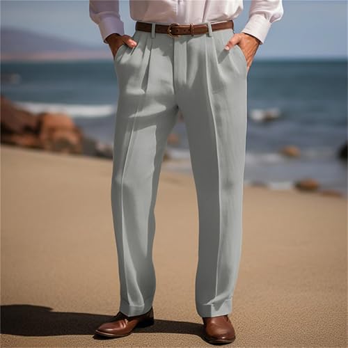 Suit Dress Pants for Men Vintage Slim Fit Stretchy Pant Cotton Linen Breathable Straight Leg Trousers Pleated Slacks3