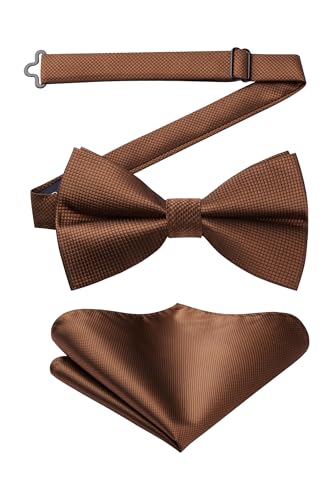 HISDERN Solid Color Pre-Tie Bow Tie Tuxedo Brown Bowtie and Pocket Square Set Classic Formal Bow Ties for Wedding & Party