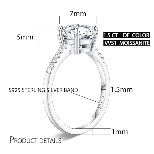 1.5CT Moissanite Engagement Rings for Women - D Color VVS1 Clarity S925 Sterling Silver Jewelry Brilliant Round Cut Solitaire Lab Created Diamond Ring Christmas Gift3