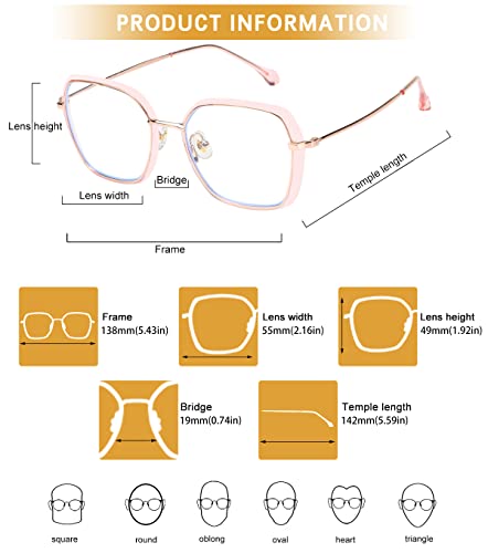 Image of DUCO Retro Square Blue Light Glasses for Women Oversized Blue Ray Blocking Glasses Computer Glasses Teens Fashion Eyeglasses Pink W020