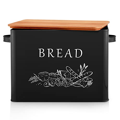 Joyfair Bread Bin, Metal Bread Box with Bamboo Cutting Board Lid, Extra Large Loaf Holder for Kitchen Countertop, Vintage Storage Container fit 2 Loaves, Space Saving & Farmhouse Style, Black