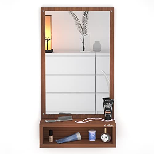 Image of Anikaa Jinny Engineered Wood Dressing Wall Mirrors Wall Hanging Mirrors with Shelf Decorative Wall Mirror Dressing Table for Bedroom Living Room (Walnut) Matte Finish, Rectangular