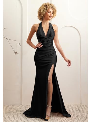 LAGSHIAN Women's Elegant V Neck Halter Backless Bodycon High Split Ruched Long Formal Evening Dress2