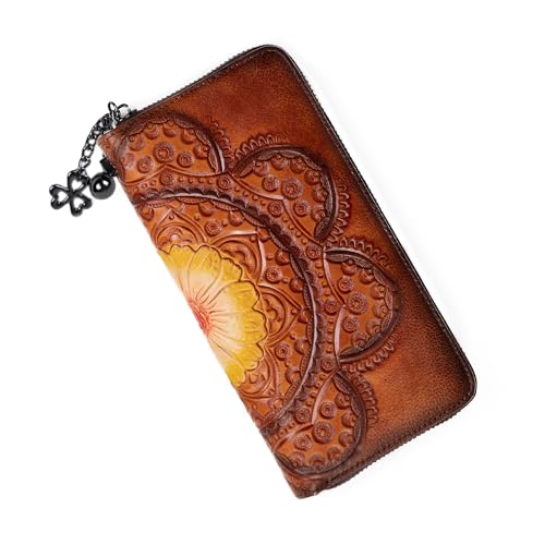 Image of Wallet Genuine Leather for Women - with RFID Blocking Card checkbook ID Slot Large Capacity Vintage style (sunflower brown)