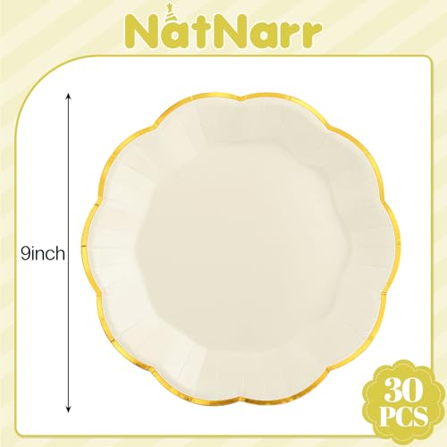 Image of NatNarr 30 Pcs Cream Paper Plates, 9 Inch Ivory Paper Plates with Gold Trim Scalloped White and Gold New Years Plate for New Year, Baby Shower, Wedding (Pack of 2)